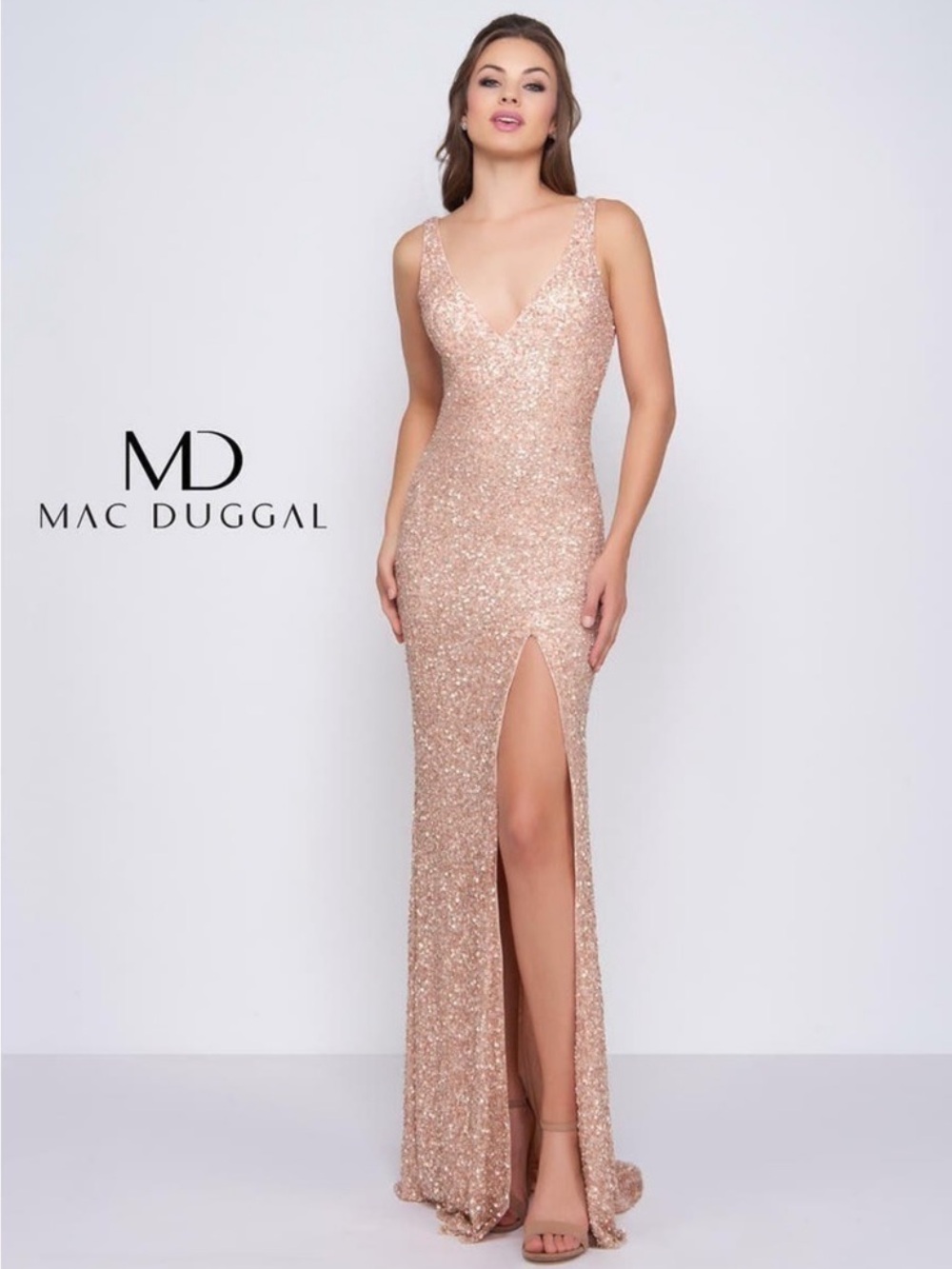 Mac Duggal Rosegold Sequin V‑Neck Slit Evening Gown